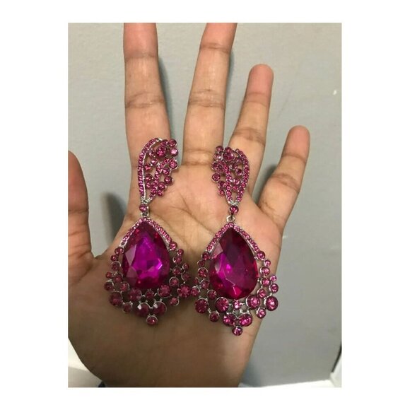 Dark pink earring Fuchsia crystal magenta teardrop earrings pink long earring - Picture 7 of 9